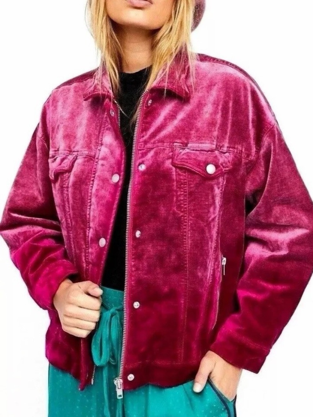 Free People Pink Velvet Trucker Jacket